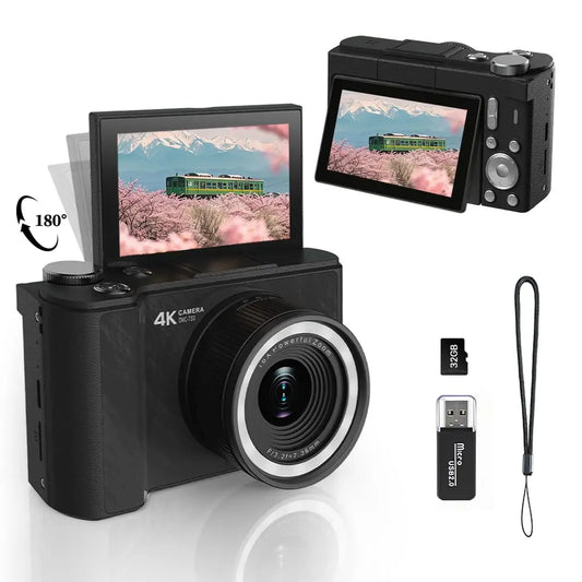 Portable 4K Camera with Flip Screen, Beginner Friendly Vlogging Camera with 32GB Card