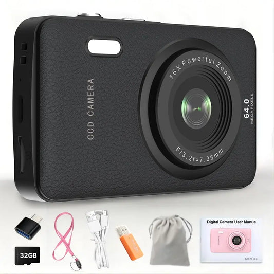CCD Vlogging Camera: 16X Zoom, 32GB Card, Portable for Beginners